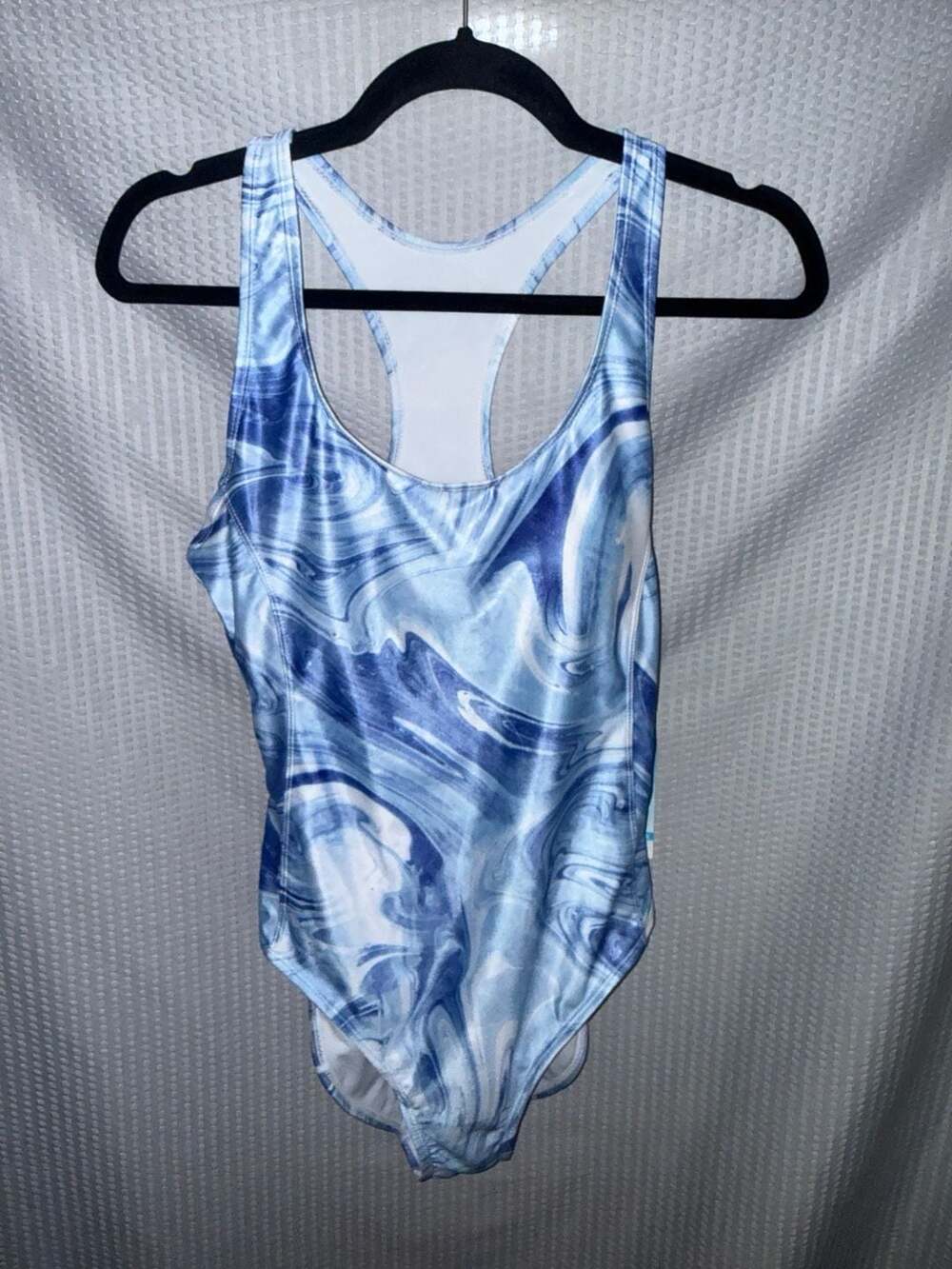 Simply Fit Swimwear 1-Piece Racerback Swimsuit Blue Tropic Swirl Print Size M